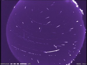 False-color composite image from the 2009 Orionids meteor shower observations, as seen in the skies over Huntsville, Alabama.  Photo credit: NASA.