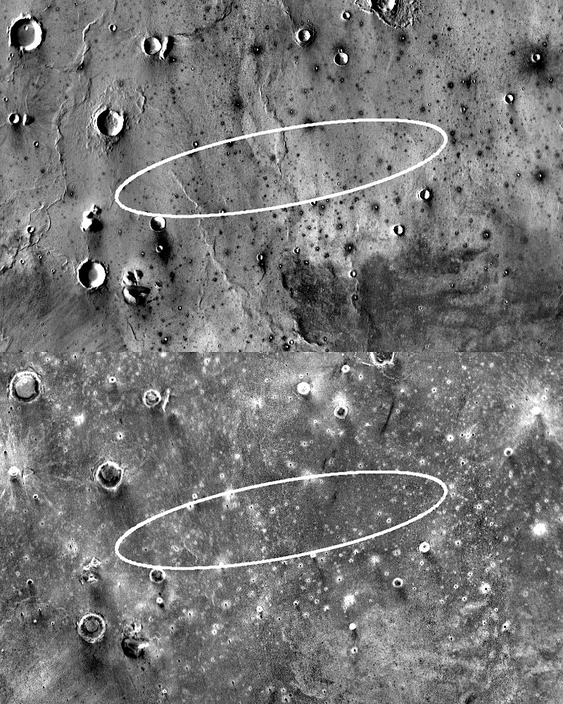 Two THEMIS infrared (heat-sensitive) images show InSight's landing ellipse by day (top) and by night. The day view shows a lava plain dotted with craters and lava ridges. The night view reveals rocky areas as bright because they still hold daytime warmth. (The white rings in the image mark the rocky rims of large and small impact craters.) Areas covered with dust, however, cool quickly after sundown, becoming quite cold as the Martian night wears on. THEMIS sees these areas as dark. The landing ellipse measures 81 miles (130 kilometers) long by 17 miles (27 km) wide. Photo by: NASA/JPL-Caltech/Arizona State University.